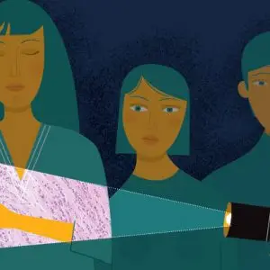 illustration of women in shadows with a light shining on a lobular cell patterned woman's chest