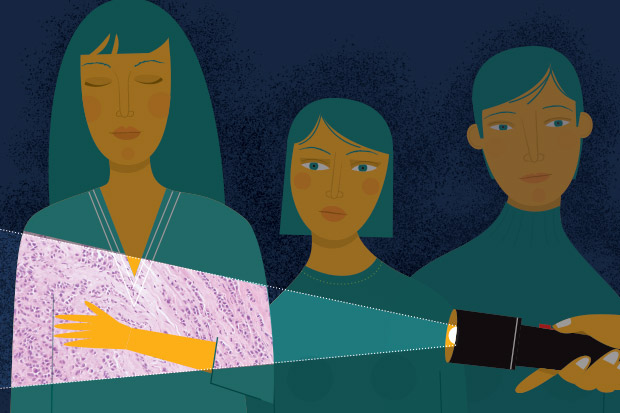 illustration of women in shadows with a light shining on a lobular cell patterned woman's chest