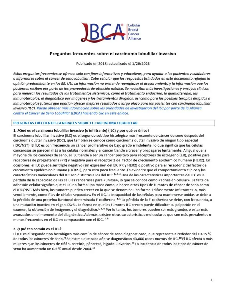 First page of Invasive Lobular Carcinoma FAQs Document
