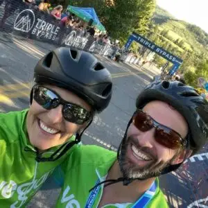 Dr. Tracy Cushing and another rider in cycling gear at Triple ByPass 2023